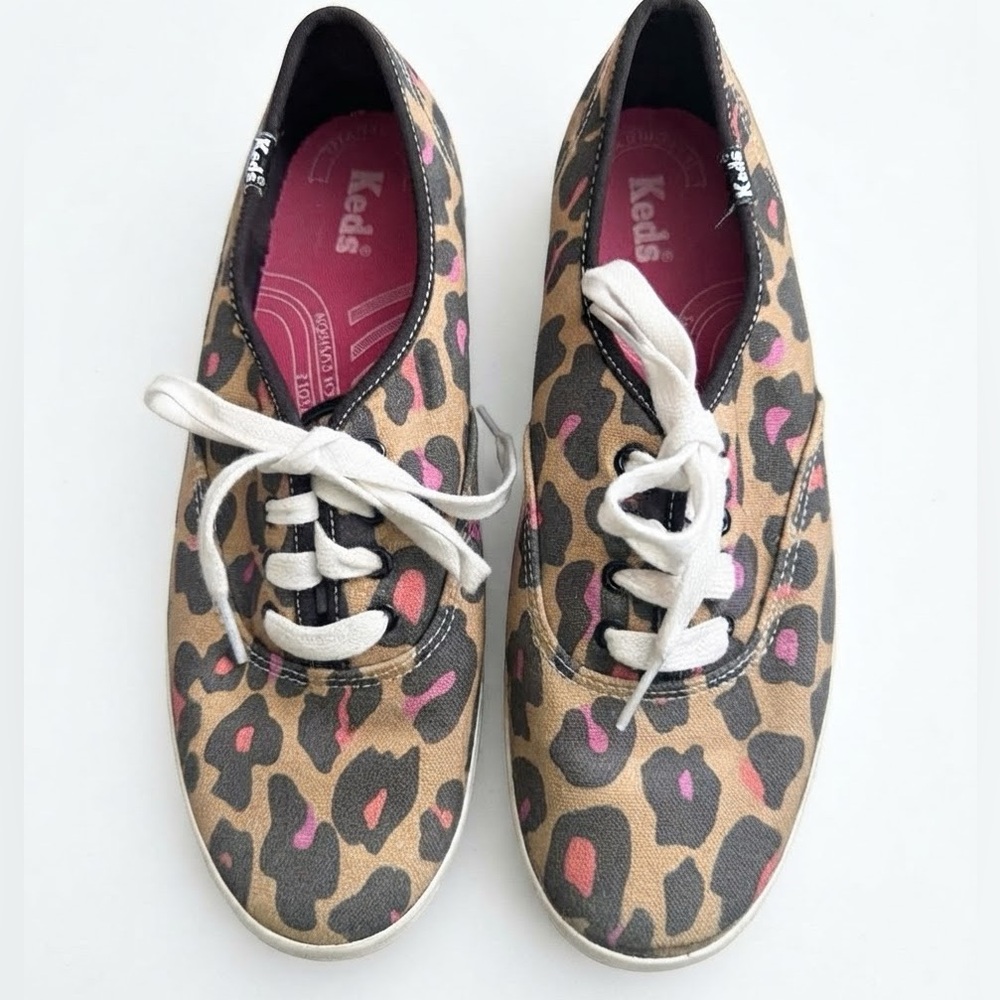 Keds Leopard Print Canvas Sneakers with Pink Accents - Size 8